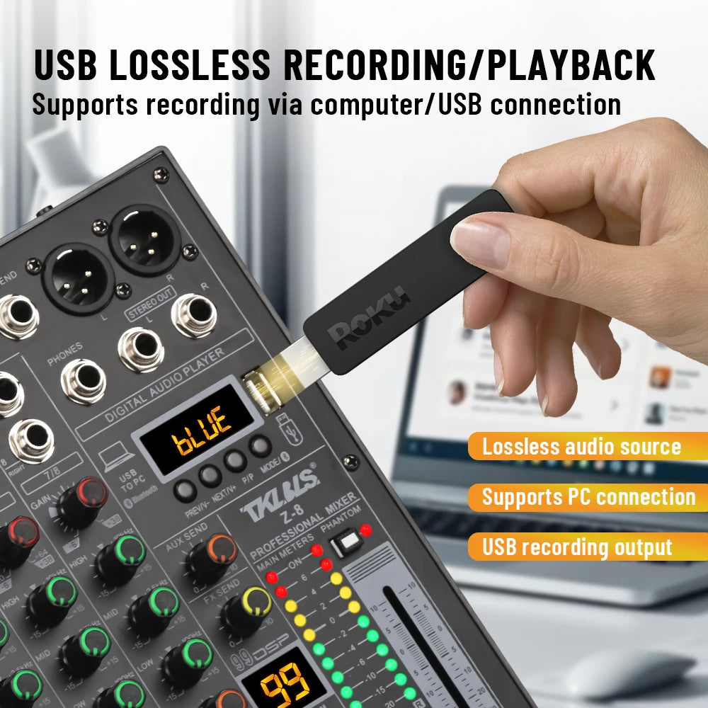 TKLBLS Z8 8 Channel Professional Mixer Bluetooth 48V 12V Battery Powered USB Studio Recording Live Show