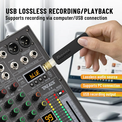 TKLBLS Z8 8 Channel Professional Mixer Bluetooth 48V 12V Battery Powered USB Studio Recording Live Show