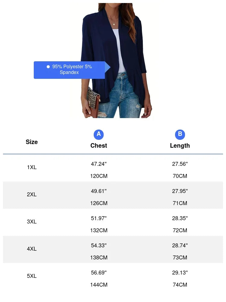Dam Plus Size Kofta V-ringning – Lös Plissé Volangkant 3/4-ärm Casual Vår/Sommar/Höst, 3 Färger 1XL–5XL