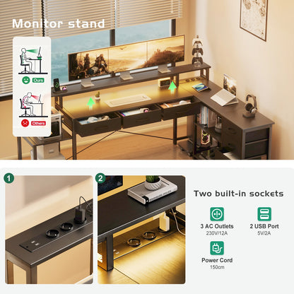 L-Shaped Desk with Led Lighting, Built-In Power Outlet-Usb Port, Monitor Shelf, Many Drawers, Black-White Selectable, Reversible Gaming Home Desk
