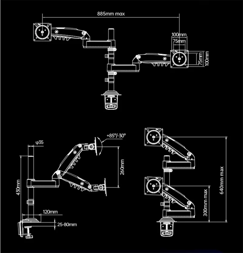 NB New H180 Full Motion 17'-27' Double Monitor Holder Gas Spring Arm LCD Mount Ergonomic Dual Arm Clamp Bracket 2-9kgs Each