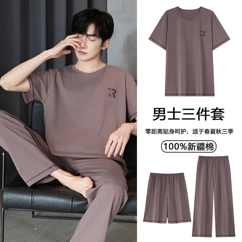 Short Sleeves & Shorts & Long Pant 3Pcs/set Cotton Nightwear for Men Summer Breathable Casual Sleepwear Male Loungewear Hombre