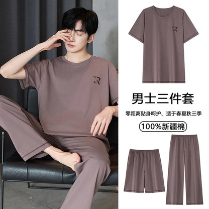 Short Sleeves & Shorts & Long Pant 3Pcs/set Cotton Nightwear for Men Summer Breathable Casual Sleepwear Male Loungewear Hombre