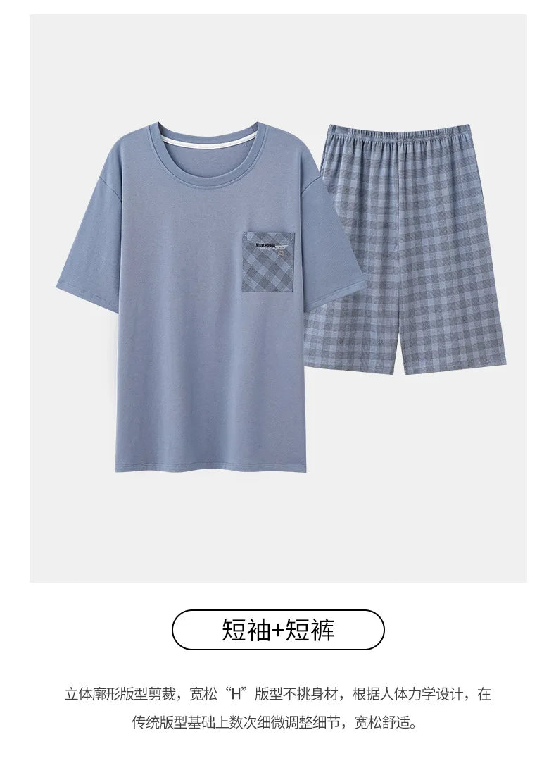 Antibacterial Cotton Pajamas for Men Summer Short Sleeve Shorts Long Pant Three-Piece Set Simple Solid Color Loose Homewear