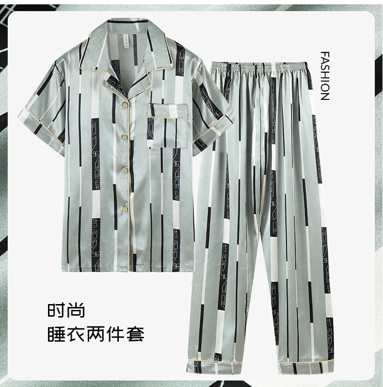 Fashion Summer Autumn 3 Piece Silk Men Pajamas Set Short Sleeve Shorts Oversize Homewear Lapel Collar Loungewear Pijamas for Man