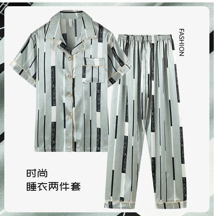 Fashion Summer Autumn 3 Piece Silk Men Pajamas Set Short Sleeve Shorts Oversize Homewear Lapel Collar Loungewear Pijamas for Man