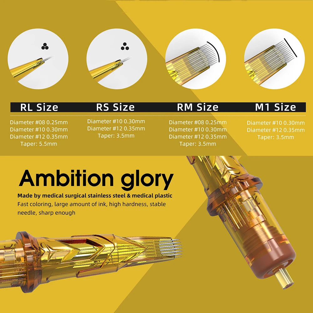 Ambition Glory Tattoo Cartridge Mix Needle 0.25mm 0.3mm 0.35mm Round Liner Shader Magnum Tattoo Needles 1rl 3rl 5rl 7rm 9rm 13rm