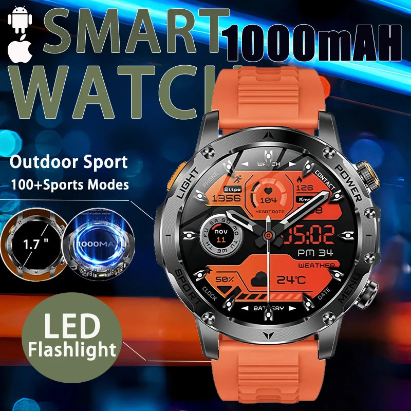 2026 New Men's GPS Outdoor Sports Smart Watch AMOLED Screen NFC Flashlight Heart Rate Monitor Waterproof Bluetooth Call 1000mAh