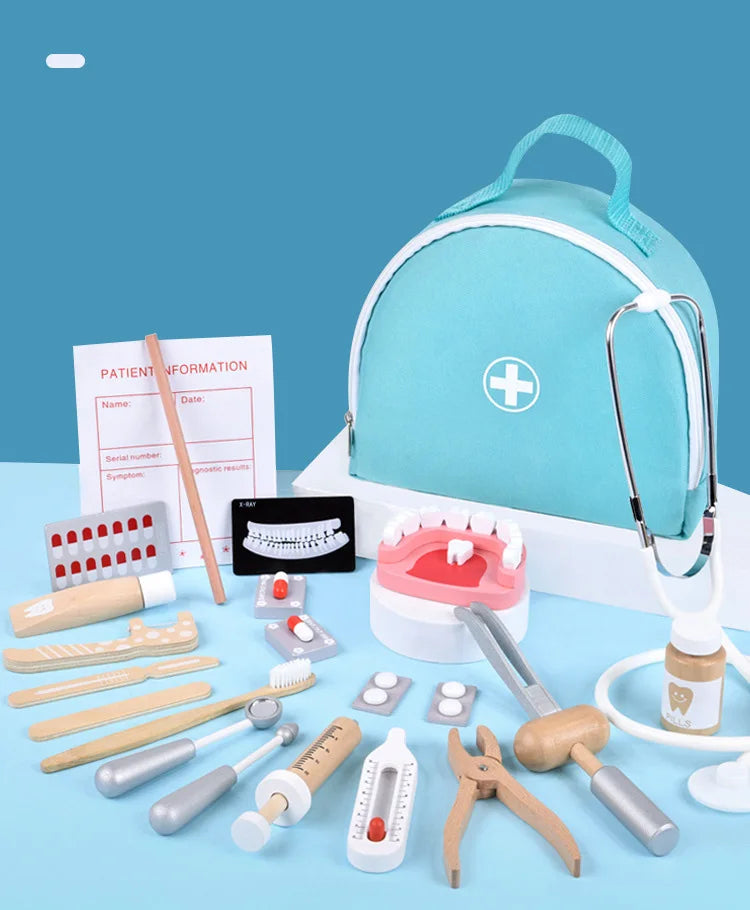 Lekläkare leksaker trä simulation tandläkare undersökning borsta tänder medicin set rollspel pedagogiska leksaker för barn
