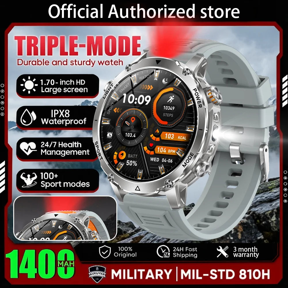 New 1400 mAh Battery Military Smartwatch Men IP68 Waterproof Flashlight Health Monitor Sports Call Smart Watch For iOS Android