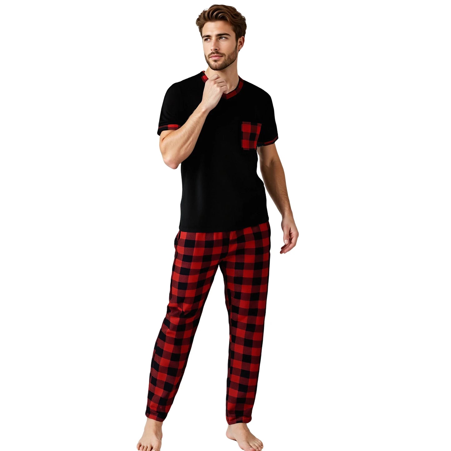 Herr Pyjamas Set Rutig – Kortärmad V-ringning & Byxor med Fickor Drawstring, 5 Färger M–1XL