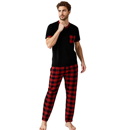 Herr Pyjamas Set Rutig – Kortärmad V-ringning & Byxor med Fickor Drawstring, 5 Färger M–1XL