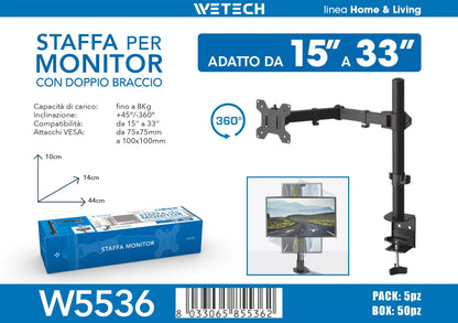 WETECH W5536 Single Monitor Desk Mount Bracket Dual Adjustable Arm Max Load 8kg Fit 15-33 Inch Monitor 360° Rotation +45° Tilt Support VESA 75x75 100x100 Clamp-on Monitor Stand
