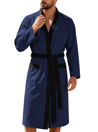 Men's Twill Fabric Long Bathrobe with Belt Design, Double Pockets, Casual Home Pajamas, Loose Fit, Hotel Resort Style, Nightwear