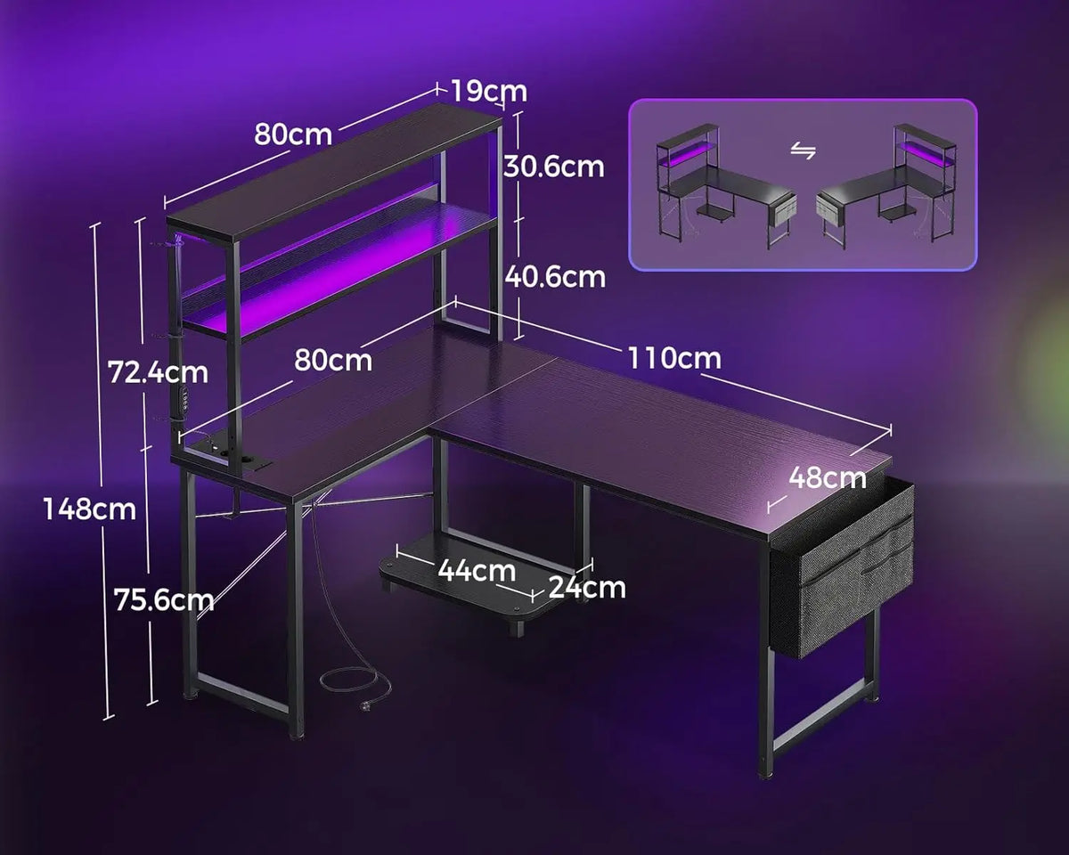 Coleshome L-Shaped Gaming Desk with Led and Plugs, 110 × 80 cm Reversible Gamer Desk with Shelves, Corner Desk with Storage Bag and Hook for Gamers, Black