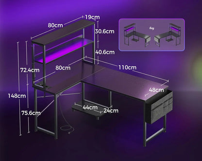 Coleshome L-Shaped Gaming Desk with Led and Plugs, 110 × 80 cm Reversible Gamer Desk with Shelves, Corner Desk with Storage Bag and Hook for Gamers, Black
