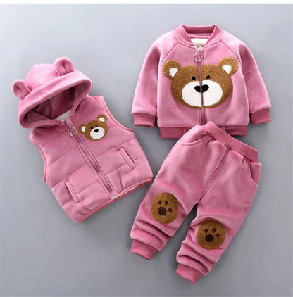 Winter Baby Clothing Sets Autumn Boys Girls Thick Warm Suits Hooded Sweater Cartoon Cute Bear Three-Piece kids Outfits 0-4 Years