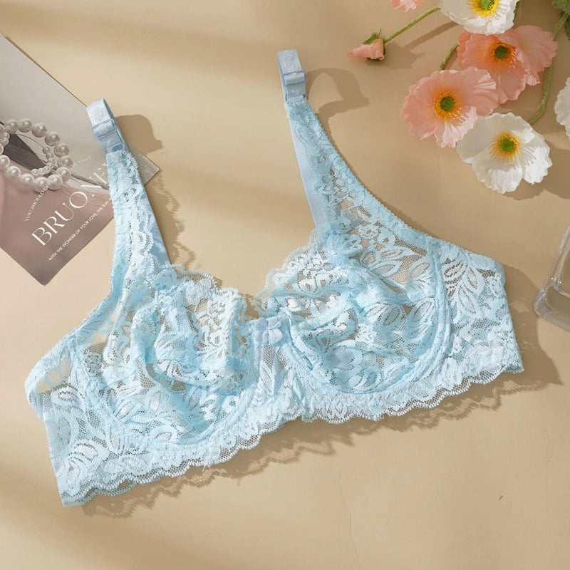 Plus Size Ultra-thin Lace Bras Women Sexy Exquisite Bras Non-padded Push Up Hollow Out Gathered Solid Underwear 34-40 B/C CUP