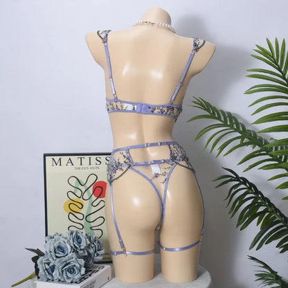 Toucheart Erotic Lingerie Fancy Embroidery See-through Mesh Contrast Color Patchwork Gathertogether Women Delicate Underwear Set
