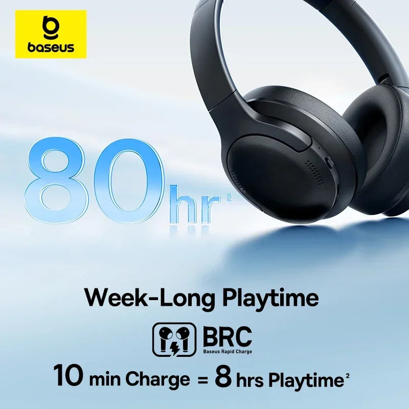 Baseus BH1 Lite Wireless Headphones Bluetooth 6.0 ENC Clear Call Headsets Super Bass Hit Earphones 80H Playtime Over Ear Headset