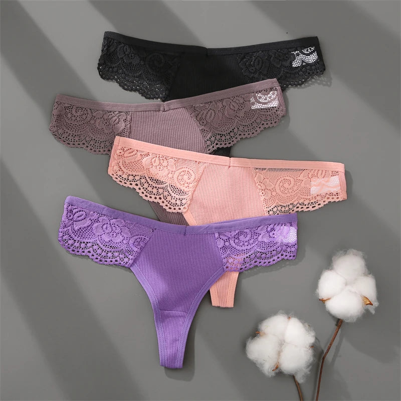 FINETOO 3-pack spetsstring i bomull med låg midja