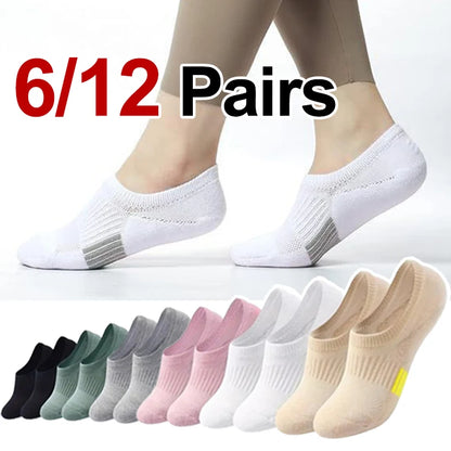 6/12 Pairs Women Breathable Mesh Invisible Ankle Socks Summer Lightweight Breathable Elegant Solid Color Sports Leisure Socks