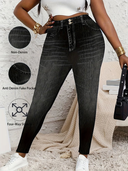 Dam Plus Size Jeggings Fejk-Denim – Hög Midja 4-vägs Stretch Rumplyft Smal Passform Året Runt, XL–5XL