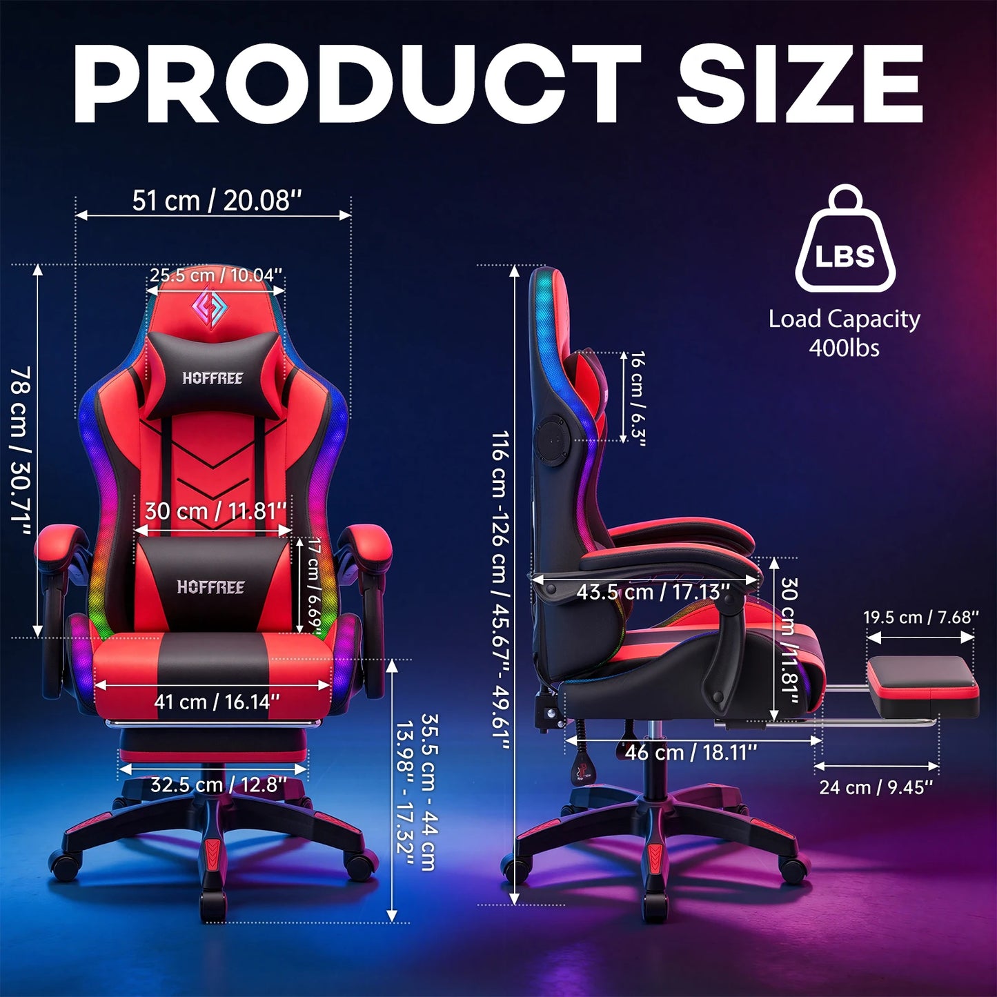 300lbs Gaming Chair with Music Rhythm RGB LED Lights and Wireless Speakers Ergonomic Massage Computer Gaming Chair with Footrest