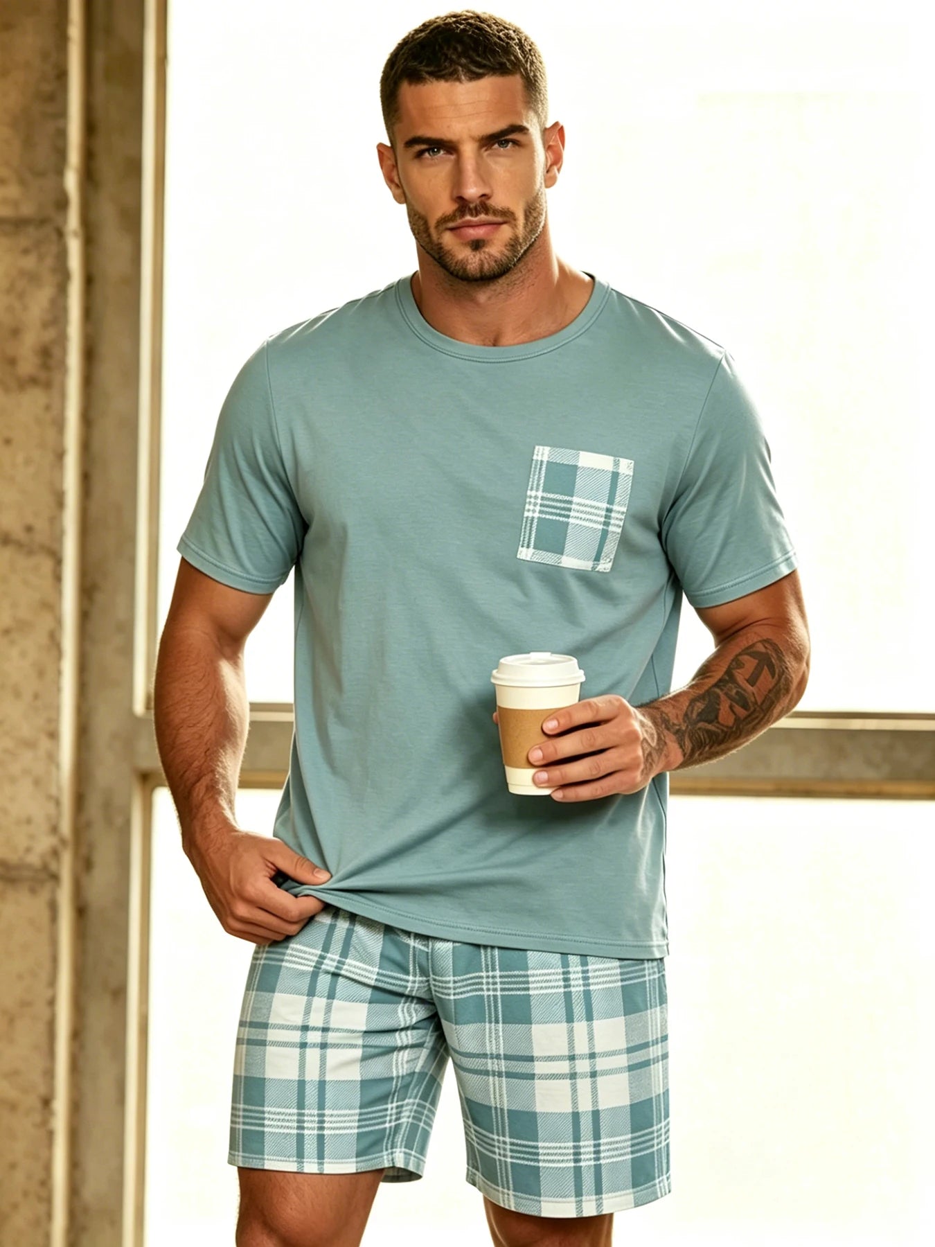 Herr Pyjamas Set Rutig – Kortärmad Topp & Shorts Hudvänlig Avslappnad, 11 Färger S–4XL