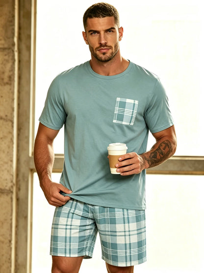 Herr Pyjamas Set Rutig – Kortärmad Topp & Shorts Hudvänlig Avslappnad, 11 Färger S–4XL