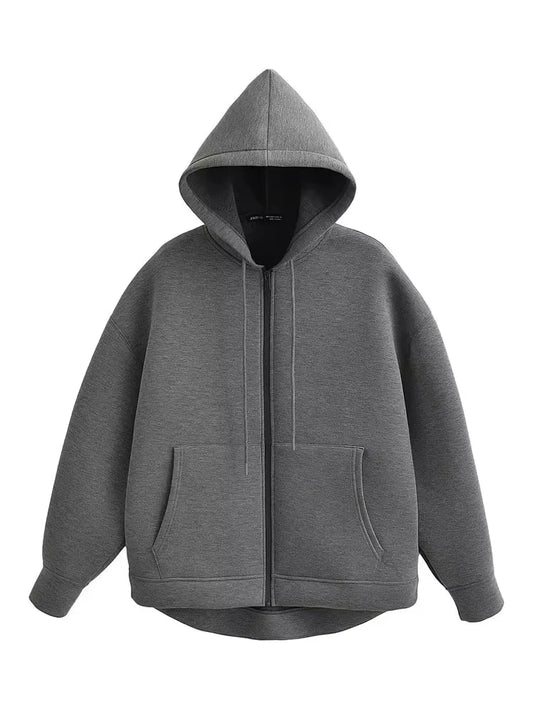 Dam Hoodie Jacket 2026 – Oversized Dragkedja Dubbelfickor Höst Vinter, Svart/Grå XS–L