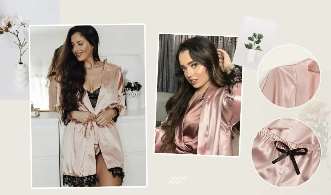 Pyjamasset dam med satinkänsla och spets – sex färger, S–2XL