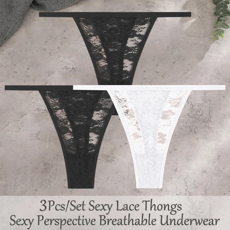 3Pcs/Set Sexy Lace Floral Panties For Women Solid Color Transparent Underwear Female Lace Perspective Hollow Out G-string Thongs