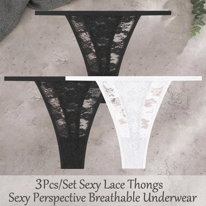 3Pcs/Set Sexy Lace Floral Panties For Women Solid Color Transparent Underwear Female Lace Perspective Hollow Out G-string Thongs