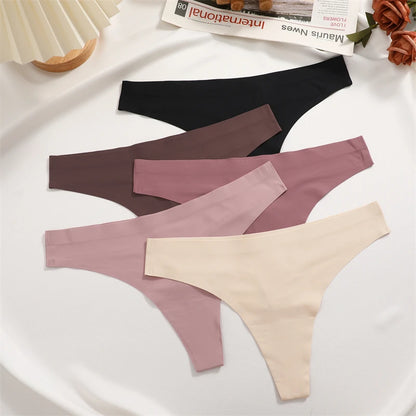 FINETOO 4PCS Silk Satin Seamless Underwear Low Waist Thongs Sexy Solid Color Bikini Underpants Female Stretch Intimates Lingerie