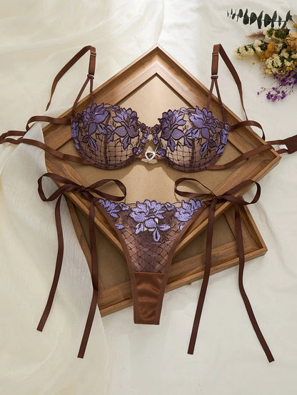 Limited Edition Spets Lingerie Set – Brun & Lila, Rosbrodyr, Genomskinlig BH & Stringtrosa