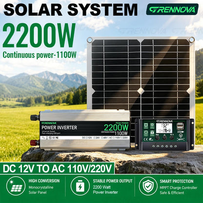 Grennova Solar System Kit with 30W Panel 60A Controller Inverter 2200W Peak (1100W Rated) 12V To 220V 110V for Home Off-Grid RV