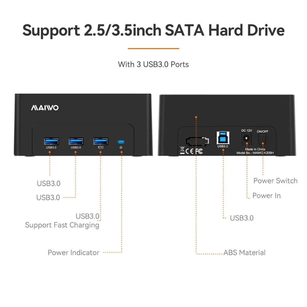 MAIWO HDD Docking Station with USB 3.0 HUB Extension 2.5 3.5 Inch SATA HDD Case Support 24TB with Fast Charge Port HDD Enclosure