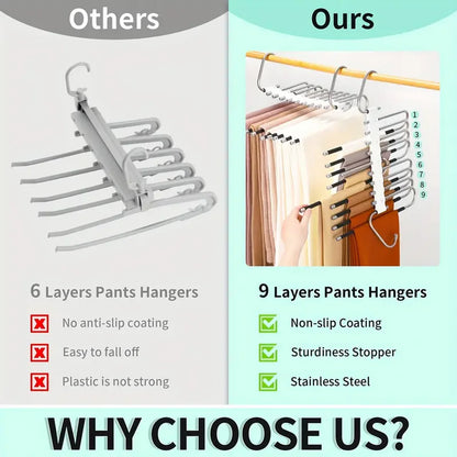 Upgrade 9 Layers Pants Hangers Space Saving, Jeans Hangers Non Slip Stainless Steel Multifunctional Rack S-Type Closet Organizer