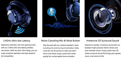Gaming Headset with Detachable Noise Cancelling Microphone,2.4G Bluetooth-USB-3.5mm Wired Jack 3 Modes for Multi-device