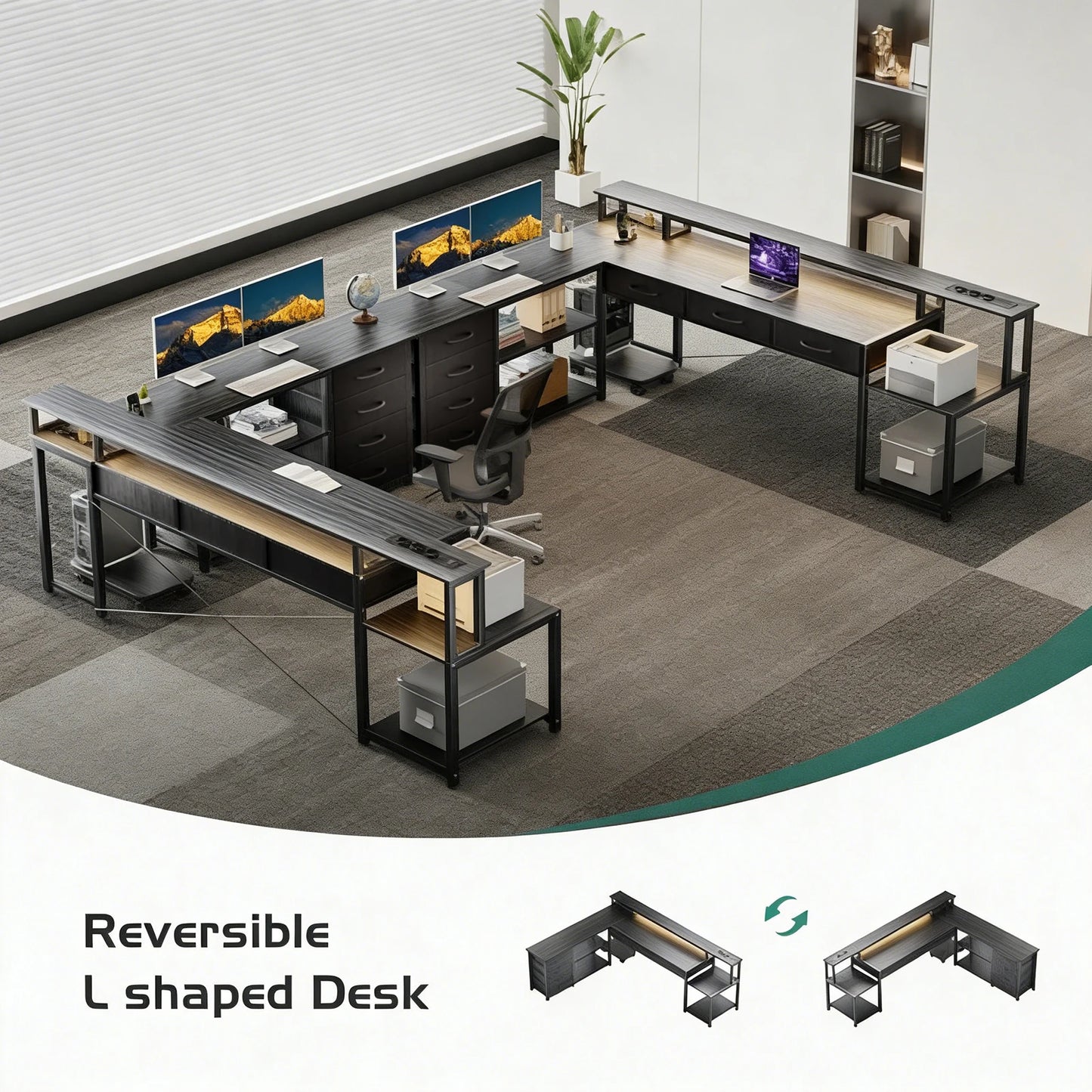 L Shaped Computer Desk with RGB LED Lights Reversible Gaming Desk Power Outlet Monitor Stand Drawers Storage
