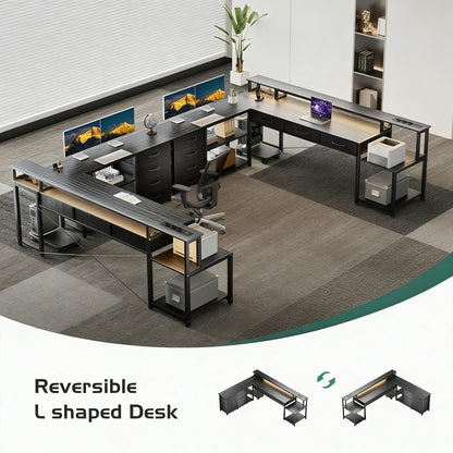 L Shaped Computer Desk with RGB LED Lights Reversible Gaming Desk Power Outlet Monitor Stand Drawers Storage