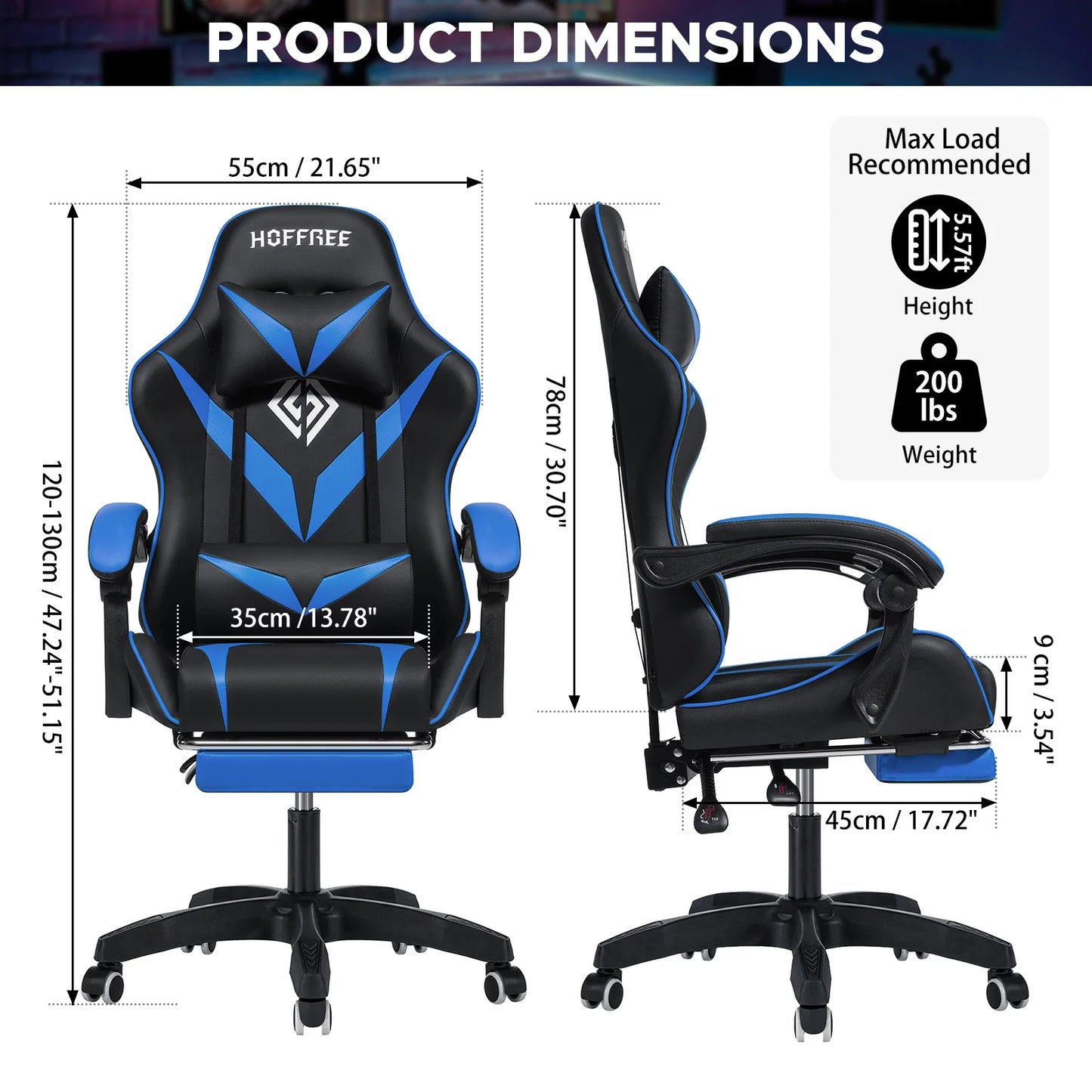 200Lbs Load Gaming Chair with Massage Ergonomic Computer Chair Footrest and Lumbar Support Reclining PC Chair Adjust Armrest