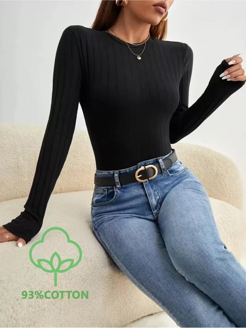 Solid Color Casual Long-sleeve Ribbed Bodysuit, Comfortable High-stretch Large Ribbed Top