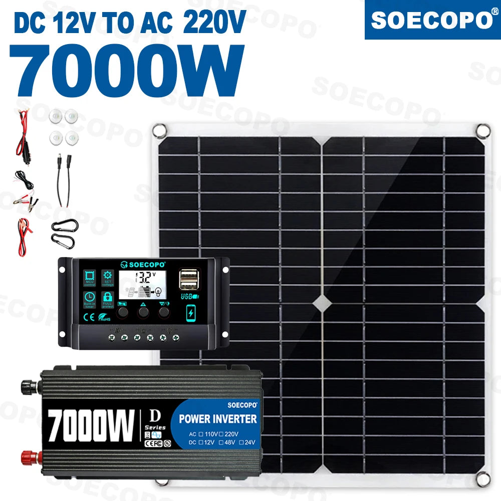 SOECOPO Komplett Off-Grid Solcellskit 7000W Peak – Flexibel Panel + 750W Inverter + LCD-regulator 12V till 220V, EU-lager Polen