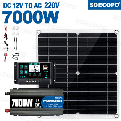SOECOPO Komplett Off-Grid Solcellskit 7000W Peak – Flexibel Panel + 750W Inverter + LCD-regulator 12V till 220V, EU-lager Polen
