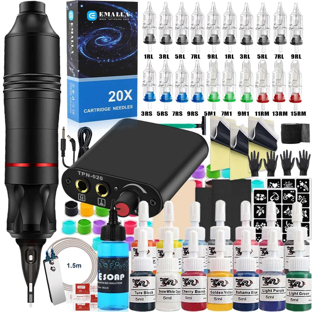 Professional Tattoo Machine Set High Quality Rotary Tattoo Pen Power Supply Needle Ink Makeup DC/RCA Tattoo Pen Beginner Kits