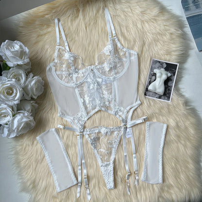 Floral Embroidered Boned Corset Lingerie Set Sheer Mesh Underwire Bustier Garter Straps Waist Cincher Romantic Night Clubwear