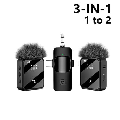 KEBIDUMEI 3 in 1 Wireless Lavalier Microphone Dual Noise Reduction Mini 1 to 2 Mic for Living Broadcast Gaming Video Recording