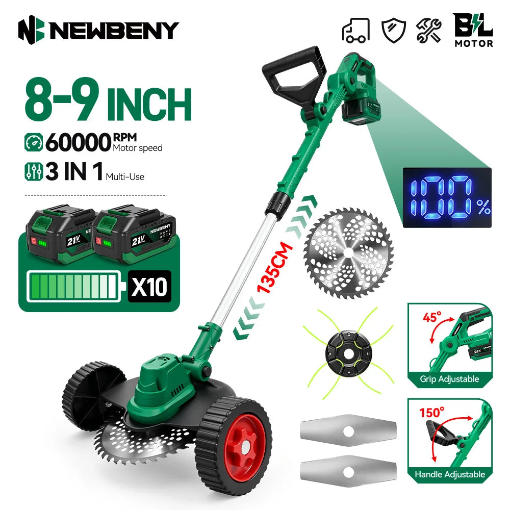 NEWBENY 3-i-1 Trådlös Borstlös Gräsklipparé Trimmer Såg 21V – Makita-kompatibel LED-display Förlängningsbar Trädgård 2026